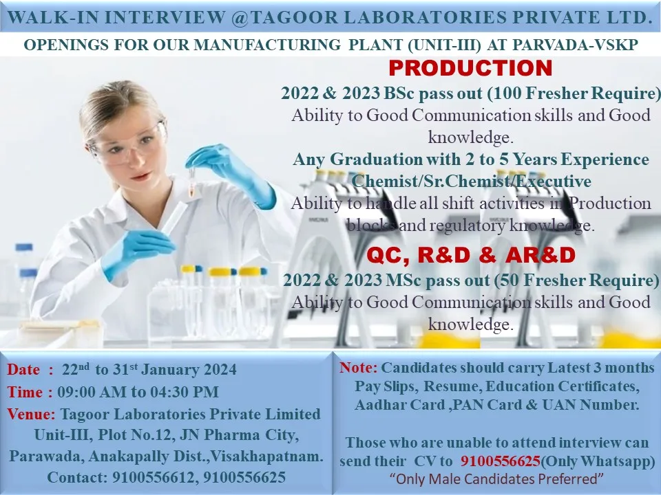 150 Openings - Freshers Walk-In Interviews for QC, R&D, AR&D, Production on 23rd - 31st Jan 2024 at Tagoor Laboratories